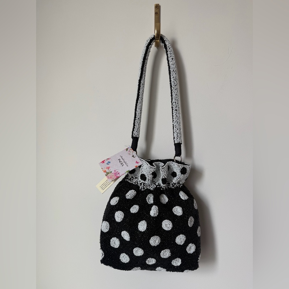 Viral Beaded Black White Polka Dot Handle Bag